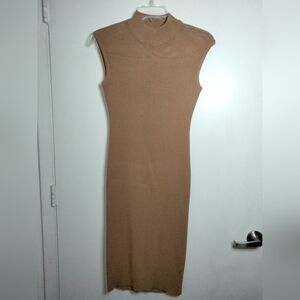 New York & Company (Size M) Tan Stretch Mock Neck Sleeveless Bodycon Midi Dress